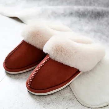Нови зимни топли домашни кожени чехли, луксозни дамски памучни обувки от изкуствен велур и плюш за двойки, Пухкави чехли за спални върху плоска подметка