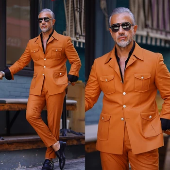 Оранжеви мъжки костюми, ушити по поръчка, 2 броя, Сако, Панталони с ревера, Сватбена Официалната работно облекло, Смокинг големи Размери, изработена по поръчка