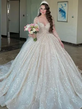 Прекрасна Бална рокля Lvory, Расшитое Пайети, Сватбената рокля дантела 2023, Винтажное Сватбена рокля от Тюл с дълъг ръкав и Влак