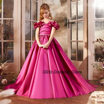 Принцеса рокля с деколте лодка и цветове ръчно изработени за специални случаи, атласное рокля за момичета