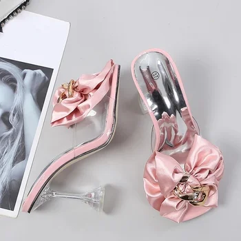 Прозрачни чехли за жени 2023, Летни модни Розови Дизайнерски Джапанки с пеперуда и възел, Прозрачни токчета, Размер 46, Дамски обувки