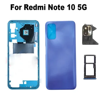 Пълен корпус за Xiaomi Redmi Note 10 5G Задния капак на отделението за батерията, задната част на кутията, Средната рамка + Бутон за регулиране на силата на звука, Стъкло на камерата, тава за sim-карти