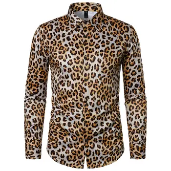 Реколта риза с леопардовым Любимец Принтом За Мъже 2023, Маркови Ежедневни Ризи с копчета и дълъг ръкав, Мъжки Риза за Дискотеки 70-те години, Homme
