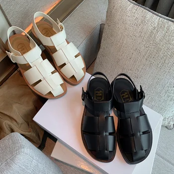 Римски сандали с куха кърпа, дамски дизайнерски черни обувки на равна подметка за жени, лятна плажна обувки Sandalias De Mujer Verano 2023