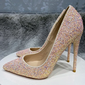 Розови блестящи дамски обувки на висок ток с остър пръсти, за партита, пикантни женски обувки-лодка на висок ток, без скрепителни елементи, по-големи размери 33-45