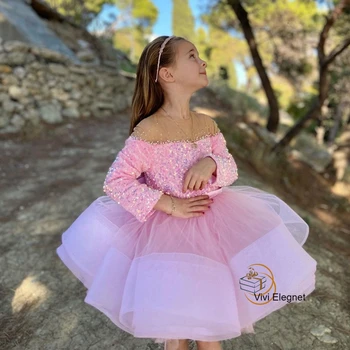 Розови Рокли с дълги ръкави и цветя модел за момичета 2023, Летни Нови Подредени Коледни рокли от Мек Тюл за Деца