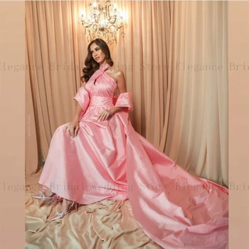 Розови сатенени рокли за спагети презрамки за бала за Musilm С стреловидным влак, Саудовское вечерна рокля трапецовидна форма за жени 2023, без ръкави