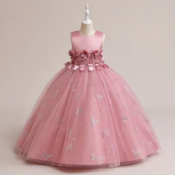 Рокля с цветя модел за момичета от ковано желязо с кърпа, дълга рокля на принцеса с цветя модел за детски изпълнения на пиано