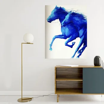 Синя неблагодарна кон, маслени бои Абстрактни животни Отпечатъци върху платно Плакат Скандинавски модел за хола Естетичен декор на стените на Открито