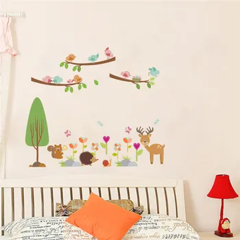 Сладък детски стикери с животни и птици в стената За украса на детска стая Карикатура Сафари Дърво на Открито на Изкуството на Diy Домашна стикер PVC Плакати