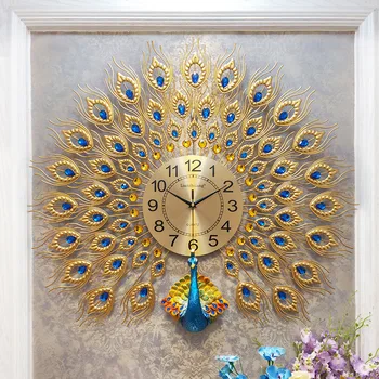 Стенен часовник с Павлином Голям хол Китайската индивидуалност Творчески часове Домашно Мода Тихо украса Атмосферни кварцов часовник