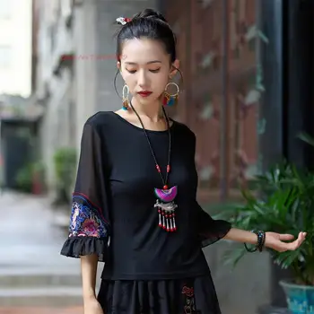 традиционната китайска реколта риза 2023 г., националната риза с сетчатыми ръкав и цветна бродерия, ориенталски костюм в стил тан, базова риза в етнически ретро стил
