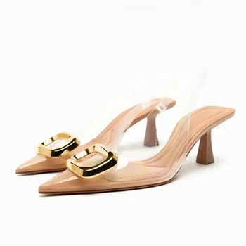 Ядрото на жените прозрачен каишка обувки на високи токове 2023 мода метална катарама дизайн ежедневни обувки с остър нос офис обувки